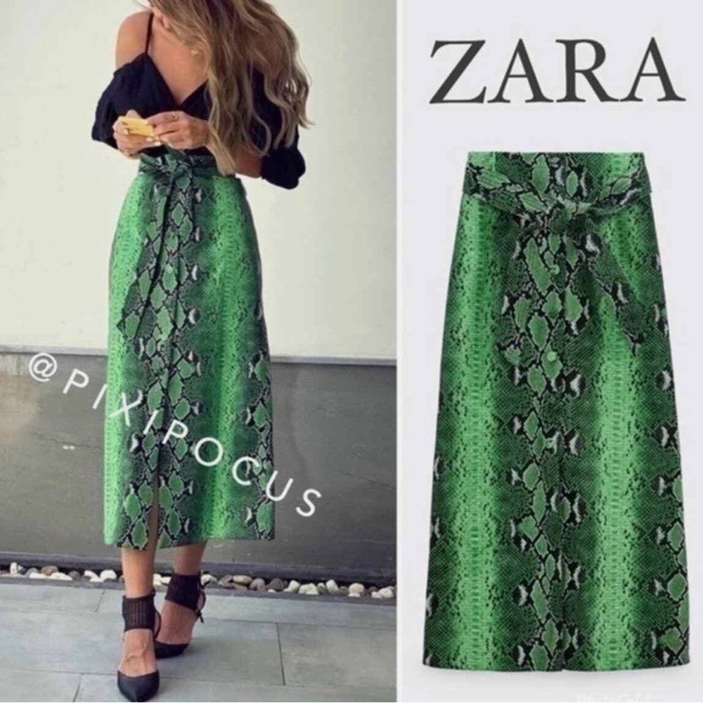 Zara Vibrant Green Snake Print Midi Skirt
